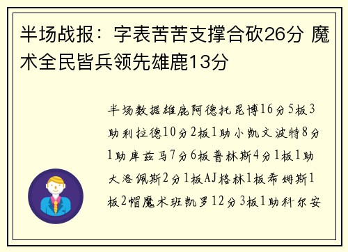 半场战报：字表苦苦支撑合砍26分 魔术全民皆兵领先雄鹿13分