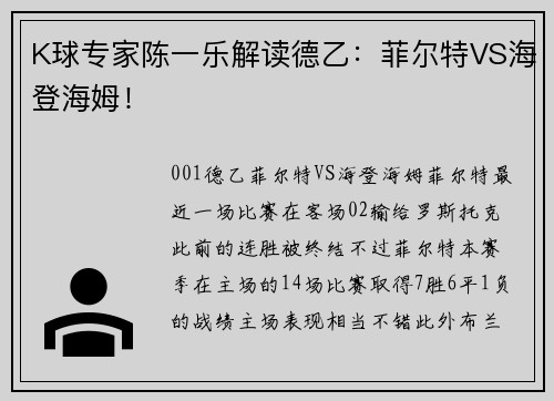 K球专家陈一乐解读德乙：菲尔特VS海登海姆！